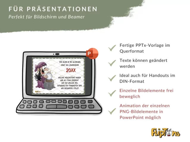 PowerPoint-Vorlage mit Cartoon-Figur, Laptop und Eigenschaften für Präsentationen wie Querformat und Animationsmöglichkeiten