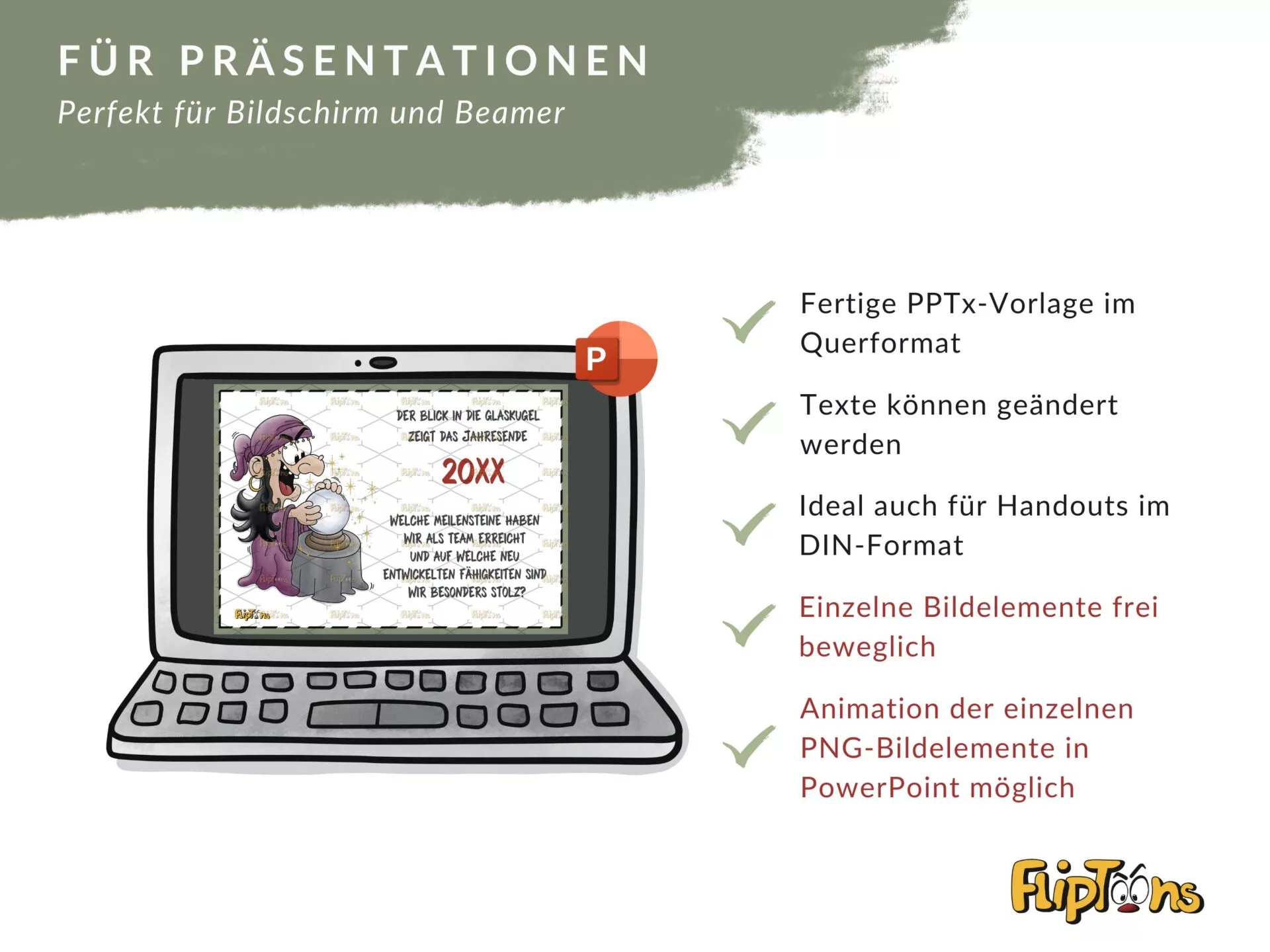 PowerPoint-Vorlage mit Cartoon-Figur, Laptop und Eigenschaften für Präsentationen wie Querformat und Animationsmöglichkeiten