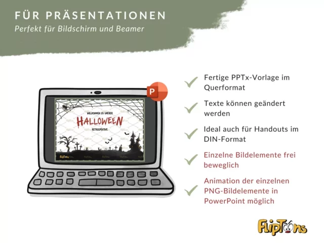 PowerPoint-Vorlage für Halloween-Präsentation mit Laptop, Funktionen und Beispielfolie im Querformat