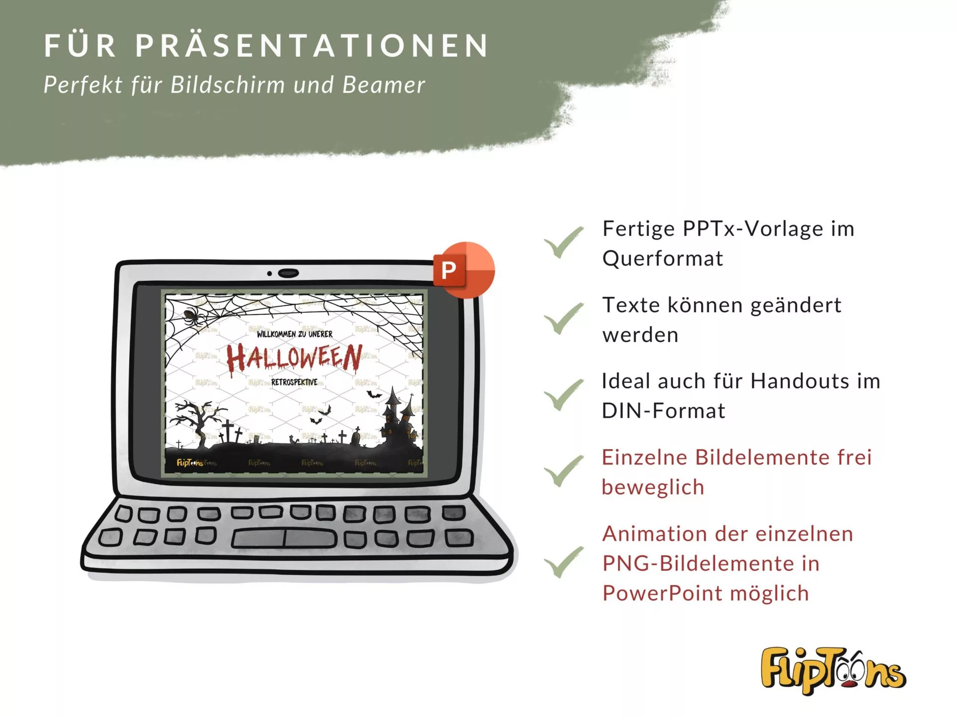PowerPoint-Vorlage für Halloween-Präsentation mit Laptop, Funktionen und Beispielfolie im Querformat