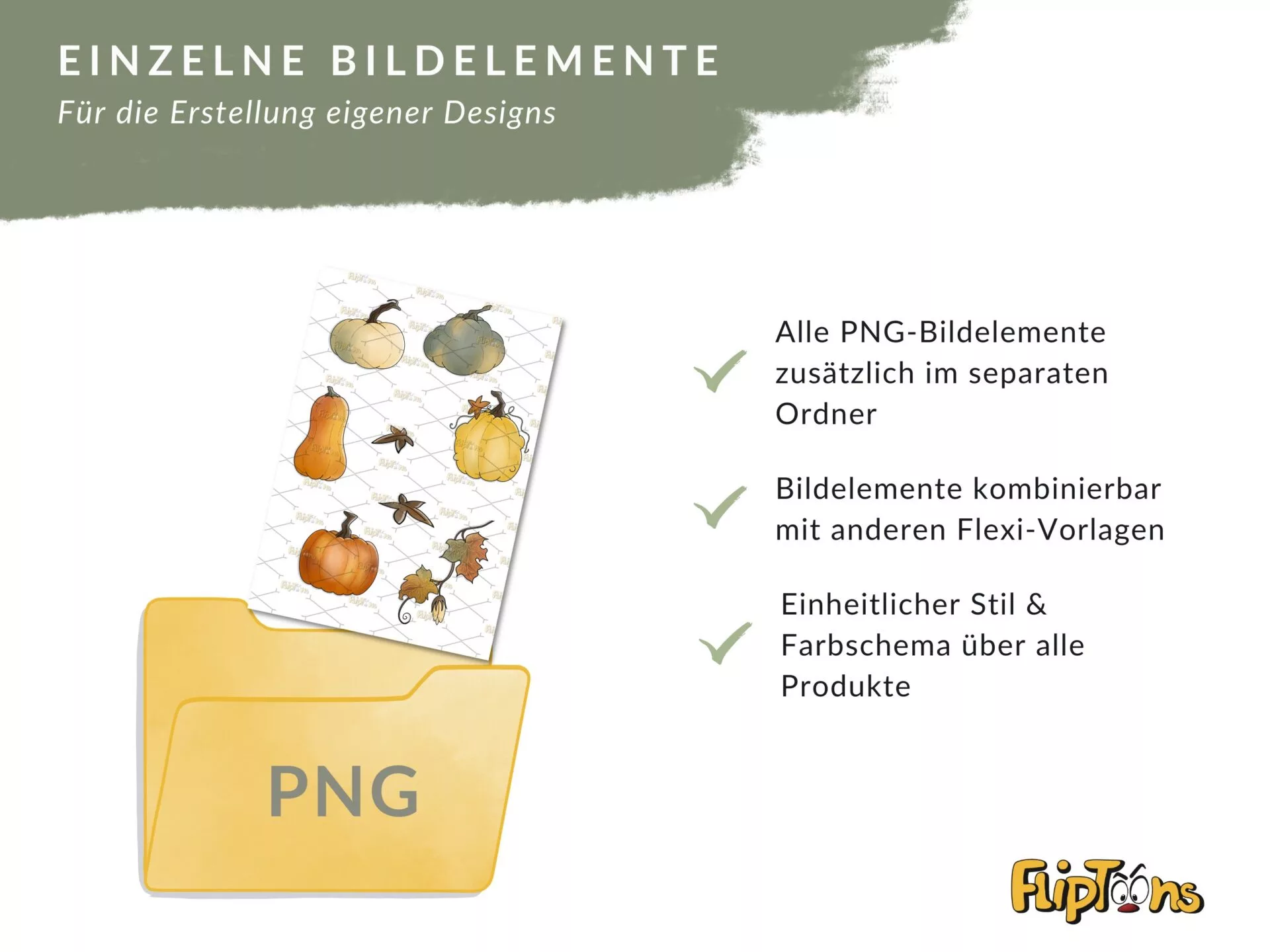 Gelber PNG-Ordner mit Herbst-Bildelementen wie Kürbissen und Blättern, mit Vorteilen für Design-Vorlagen