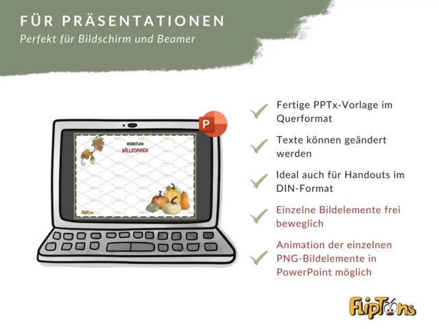 PowerPoint-Vorlage für Präsentationen mit Herbstmotiv, Laptop zeigt Willkommensfolie mit Kürbissen und Blättern