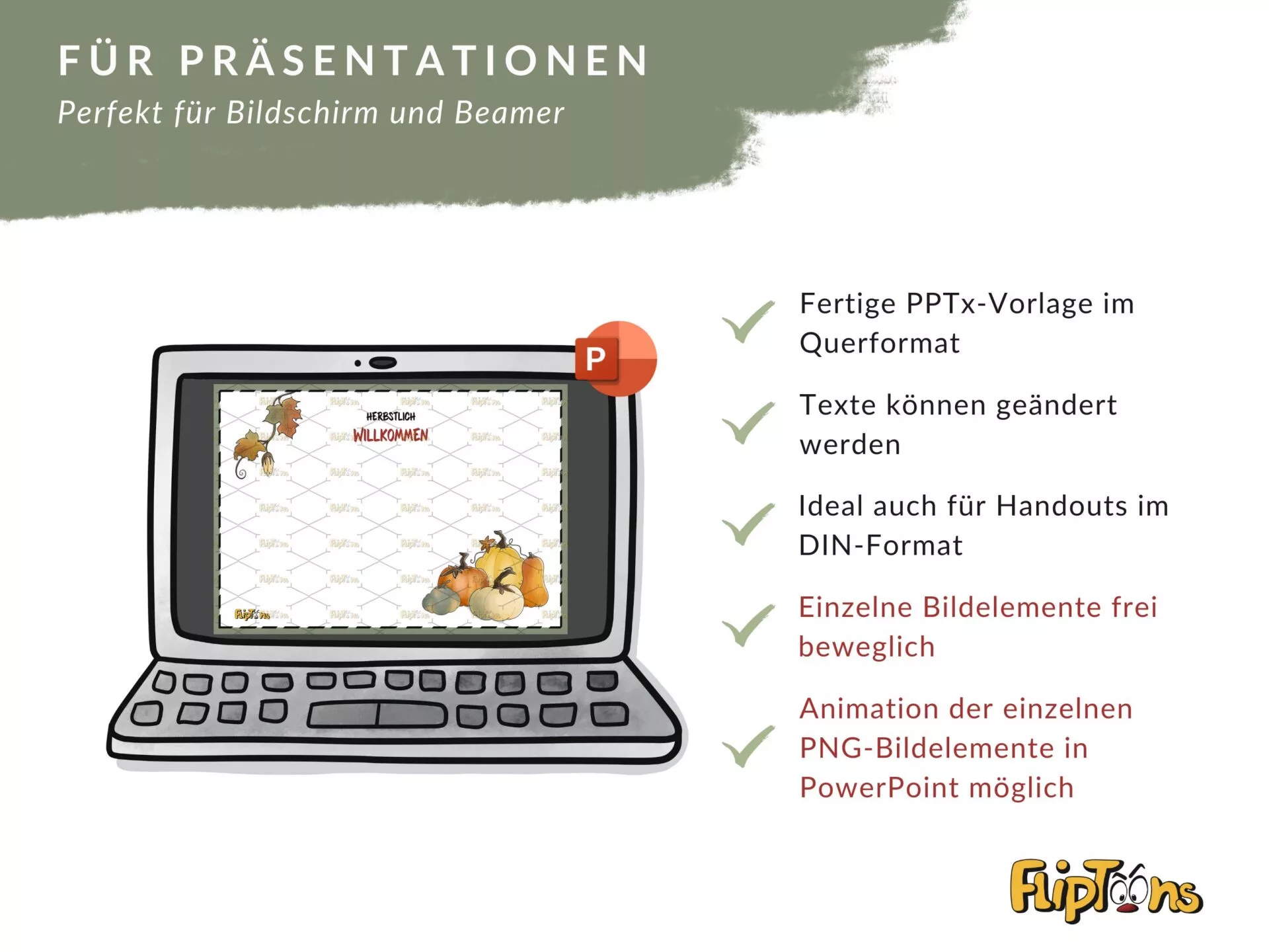PowerPoint-Vorlage für Präsentationen mit Herbstmotiv, Laptop zeigt Willkommensfolie mit Kürbissen und Blättern