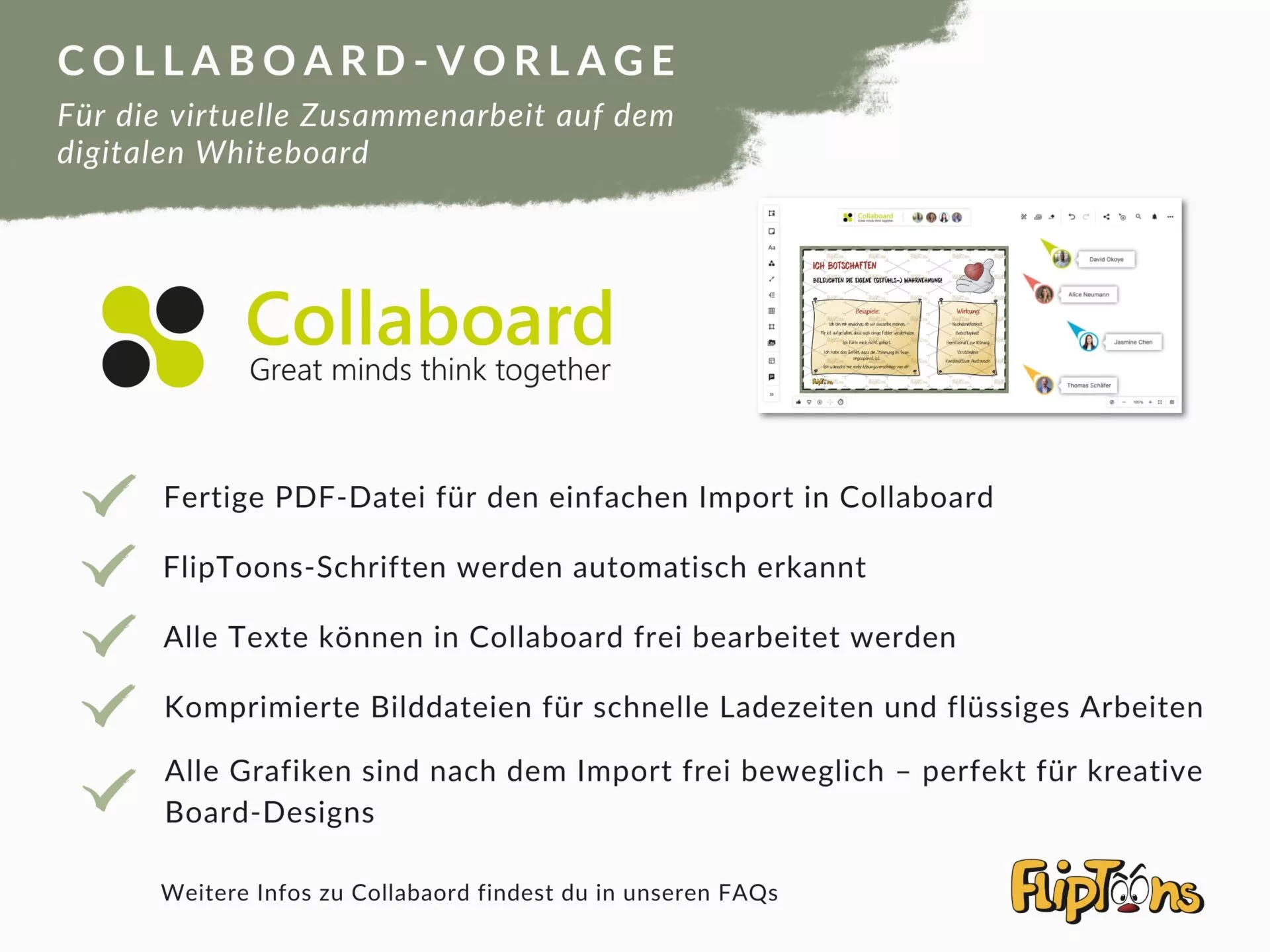 Collaboard-Vorlage für virtuelle Zusammenarbeit: Digitales Whiteboard mit Funktionen wie PDF-Import, freier Textbearbeitung und kreativen Grafikoptionen