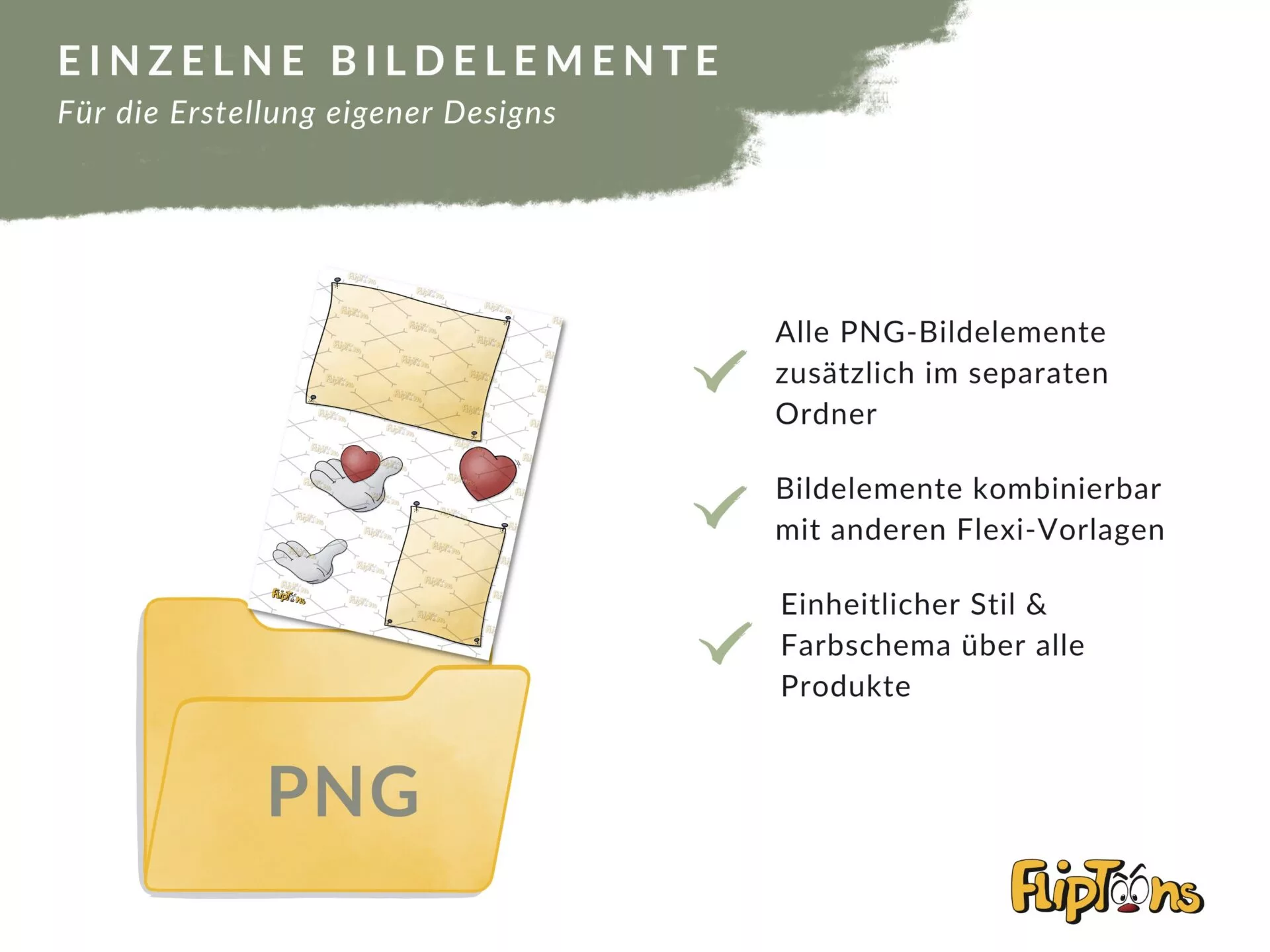 Gelber PNG-Ordner mit Bildelementen wie Herzen und Dokumenten, die verschiedene Design-Eigenschaften wie Kombinierbarkeit und einheitlichen Stil zeigen