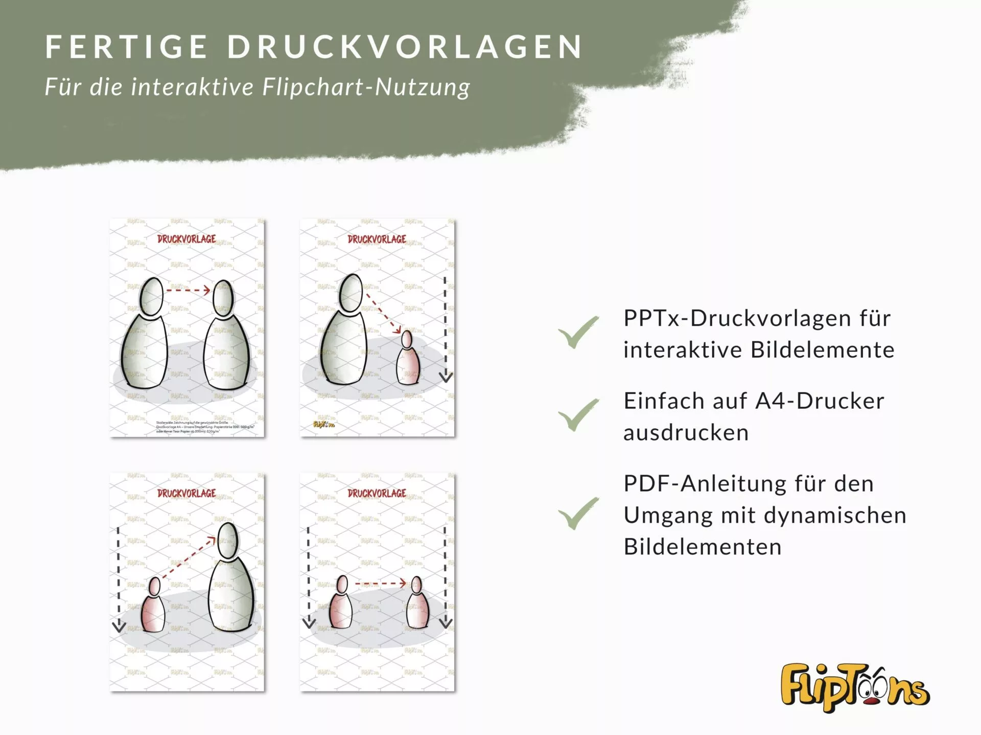 Fertige Druckvorlagen für interaktive Flipcharts mit vier Beispielfolien zeigender Kegel und Pfeile, sowie Produktmerkmale.