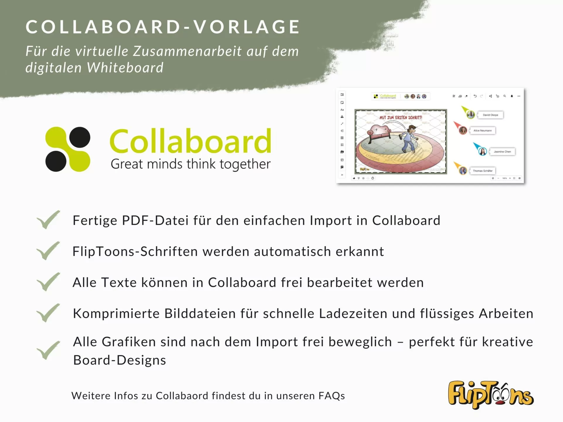 Collaboard-Vorlage für virtuelle Zusammenarbeit: Logo, Produktmerkmale und Beispiel-Whiteboard mit Cartoon-Illustration