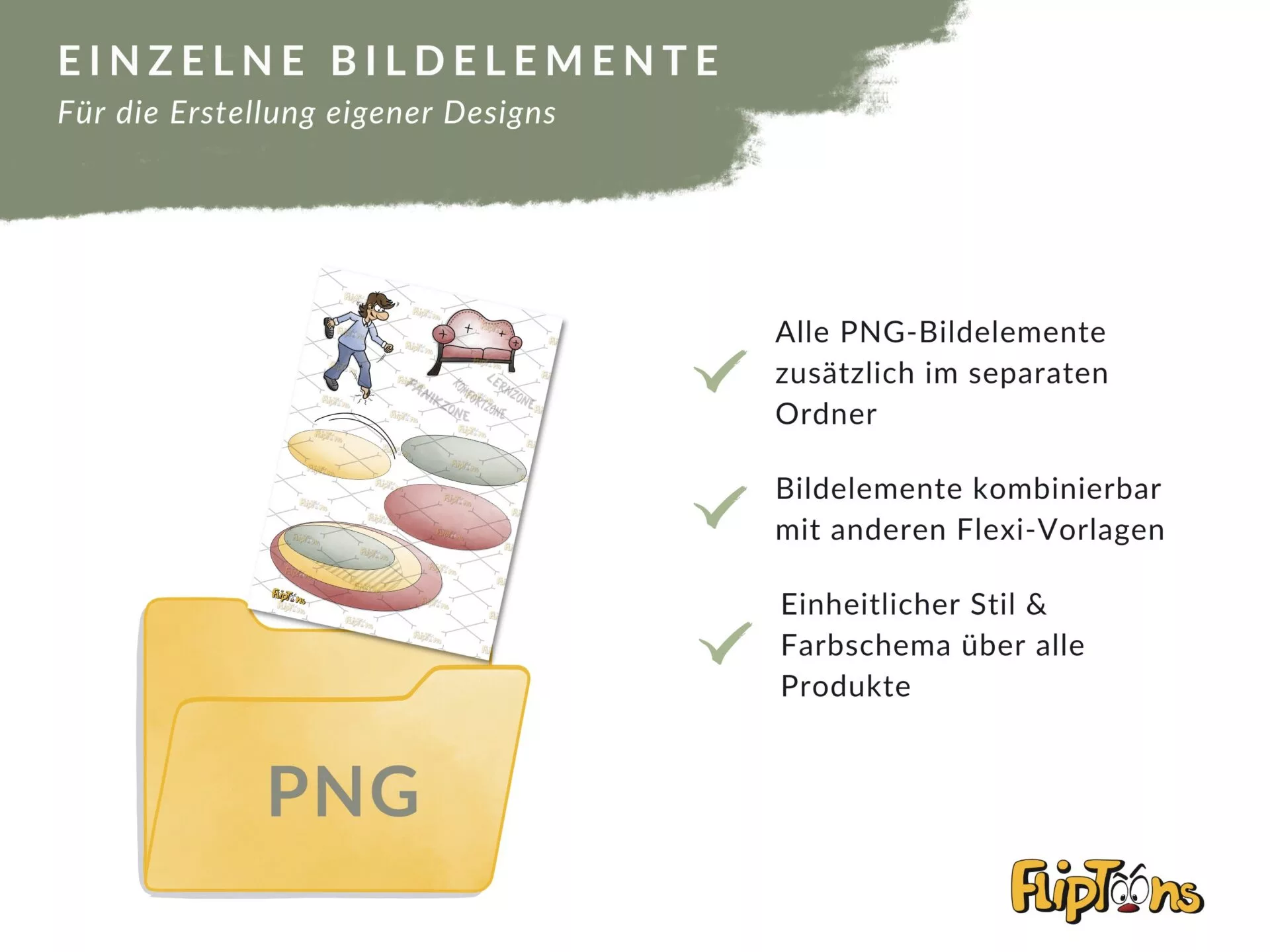 PNG-Bildordner mit Designelementen: Charakter, Sofa und ovale Formen, zeigt Vorteile wie Kombinierbarkeit und einheitlichen Stil