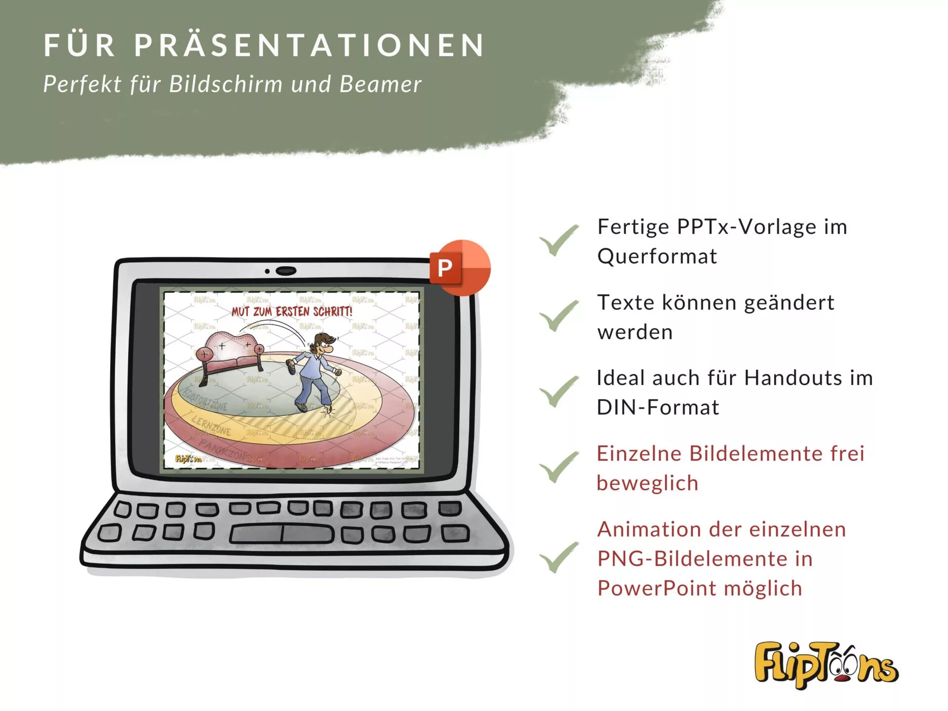PowerPoint-Präsentation auf einem Laptop mit Cartoon-Grafik und Funktionsliste für Präsentationsvorlagen von FlipToons