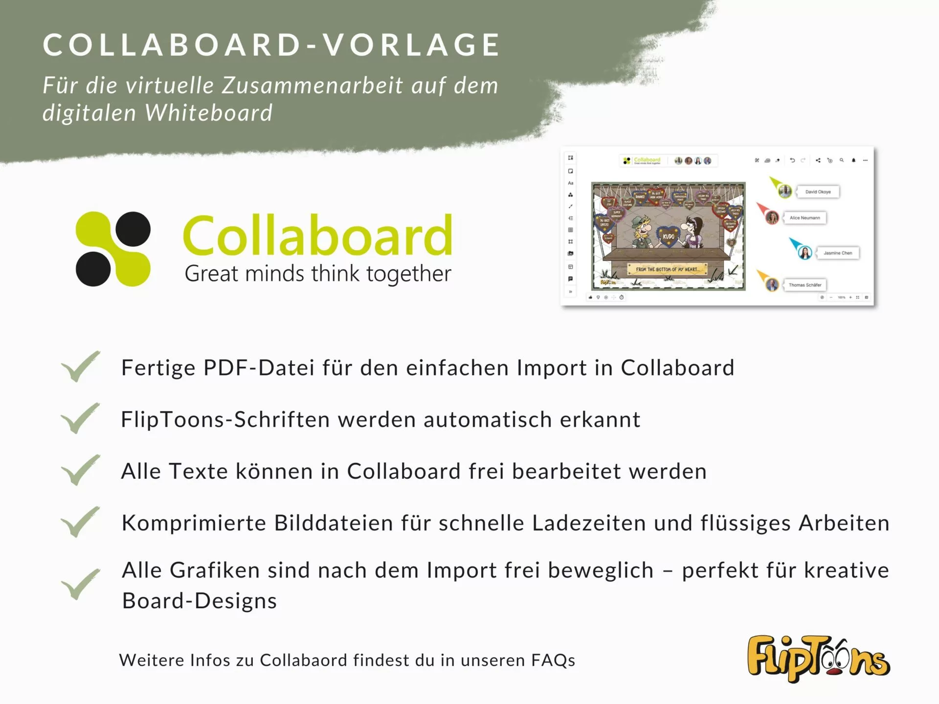 Collboard-Vorlage für virtuelle Zusammenarbeit: Logo, Funktionen und Beispiel-Whiteboard mit FlipToons-Design