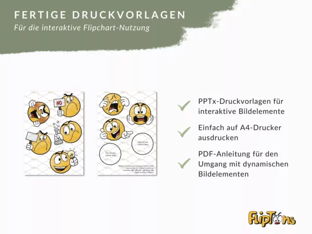 Fertige Druckvorlagen für interaktive Flipchart-Elemente mit gelben Emoji-Charakteren in verschiedenen Emotionen und Posen