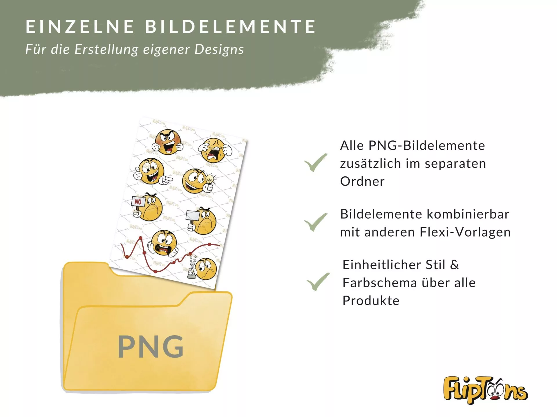 Gelber PNG-Ordner mit Emoji-Charakteren und Beschreibung der Vorteile von einzelnen Bildelementen für Design-Erstellung