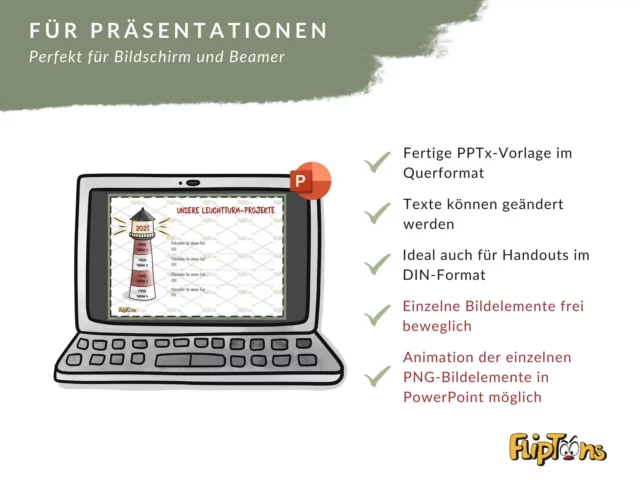 PowerPoint-Vorlage für Präsentationen mit Leuchtturm-Design, optimiert für Bildschirm und Beamer