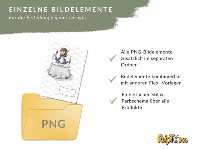 Einzelne Bildelemente als PNG-Dateien für eigene Designs mit Ordner-Icon und Checkliste der Vorteile.