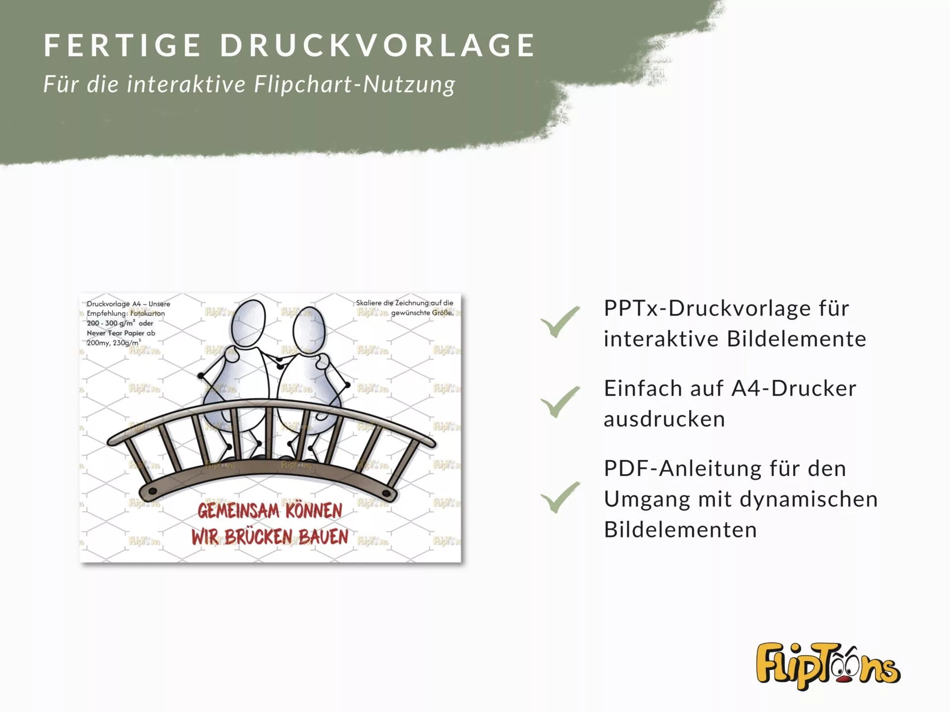 Fertige Druckvorlage für interaktive Flipchart-Nutzung mit zwei Strichmännchen auf einer Brücke und Beschreibung der Produktmerkmale.