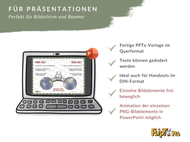 Laptop mit PowerPoint-Präsentation "Meine Welt" und Aufzählung von Produktfeatures für Präsentationen.