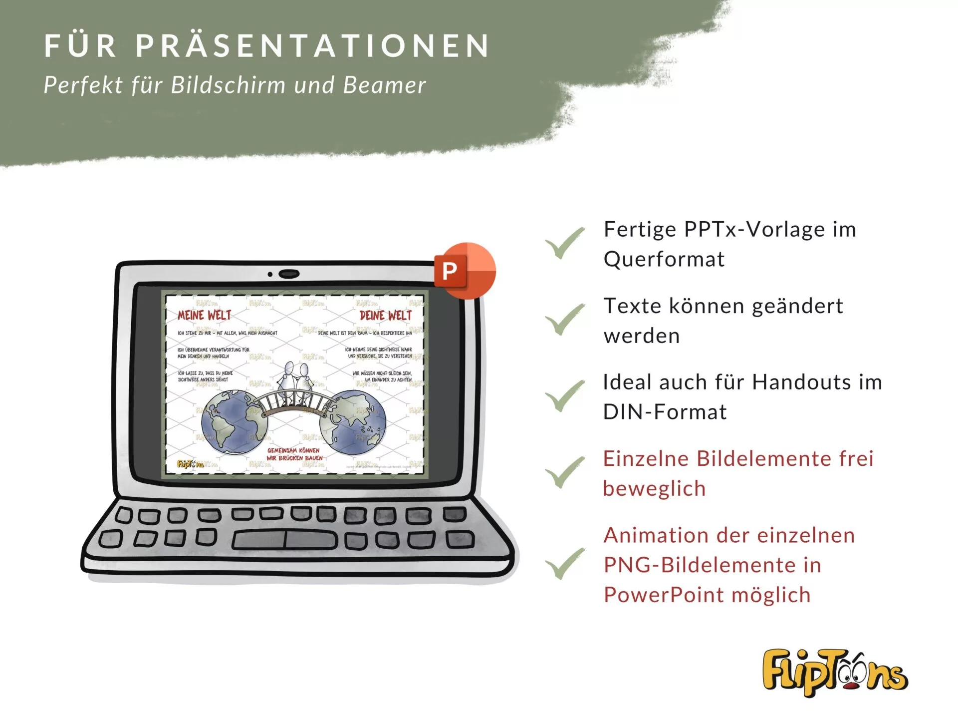 Laptop mit PowerPoint-Präsentation "Meine Welt" und Aufzählung von Produktfeatures für Präsentationen.