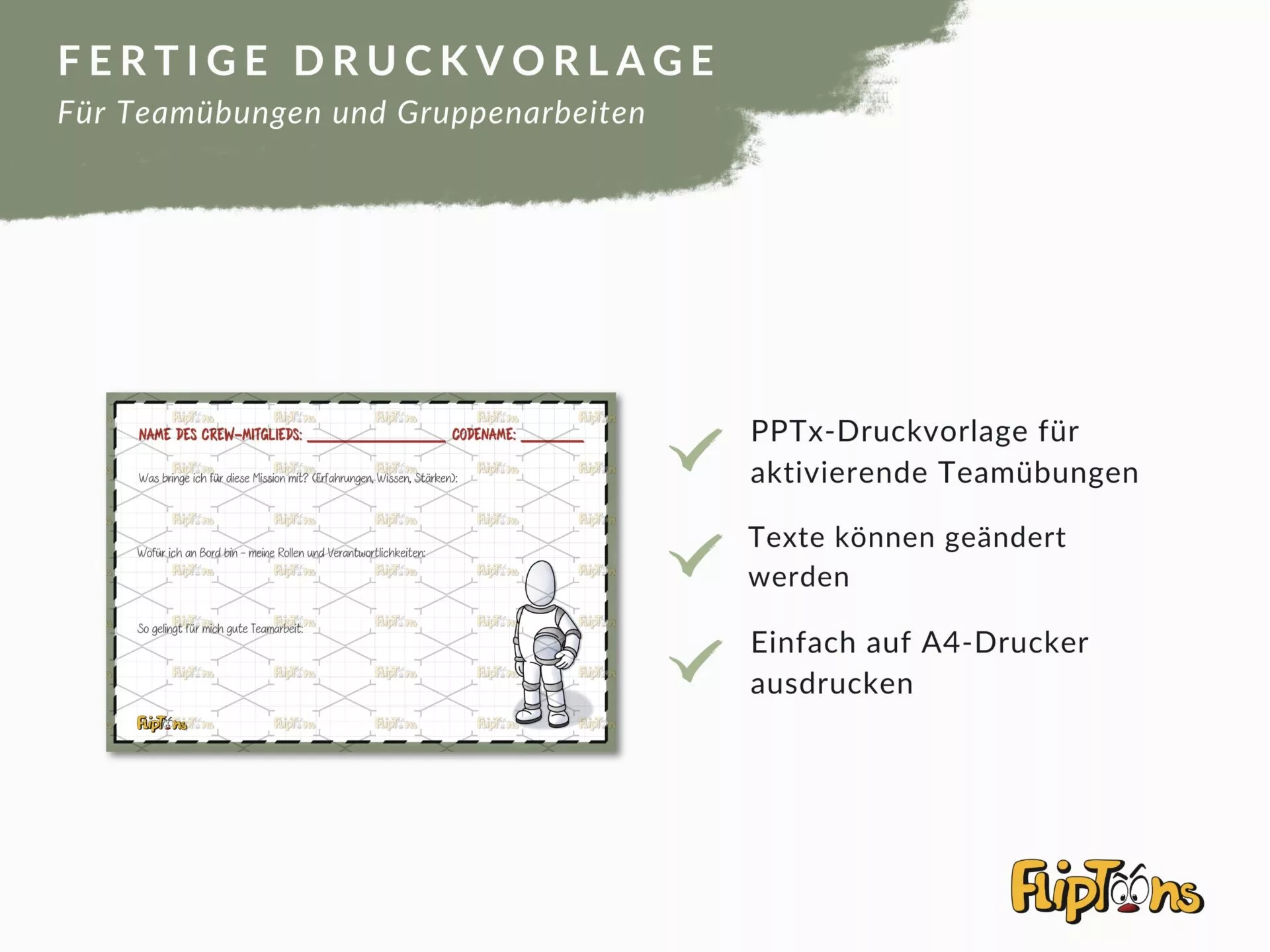 Fertige Druckvorlage für Teamübungen mit anpassbarem Text, A4-Druck, Astronauten-Design.