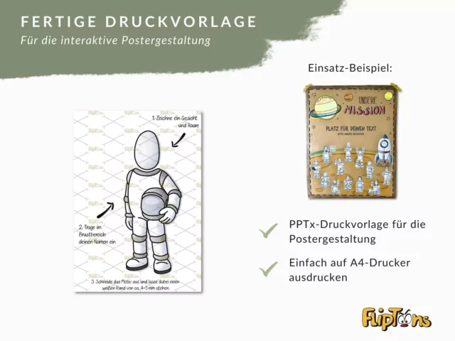Fertige Druckvorlage für interaktive Postergestaltung mit Astronaut-Motiv und Anleitung zum Ausdrucken auf A4-Papier.