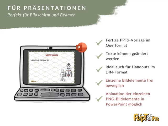 Infografik zu PowerPoint-Vorlagen: Laptop zeigt Präsentation mit Rakete und Astronaut, Liste mit 5 Features für Bildschirm und Beamer.