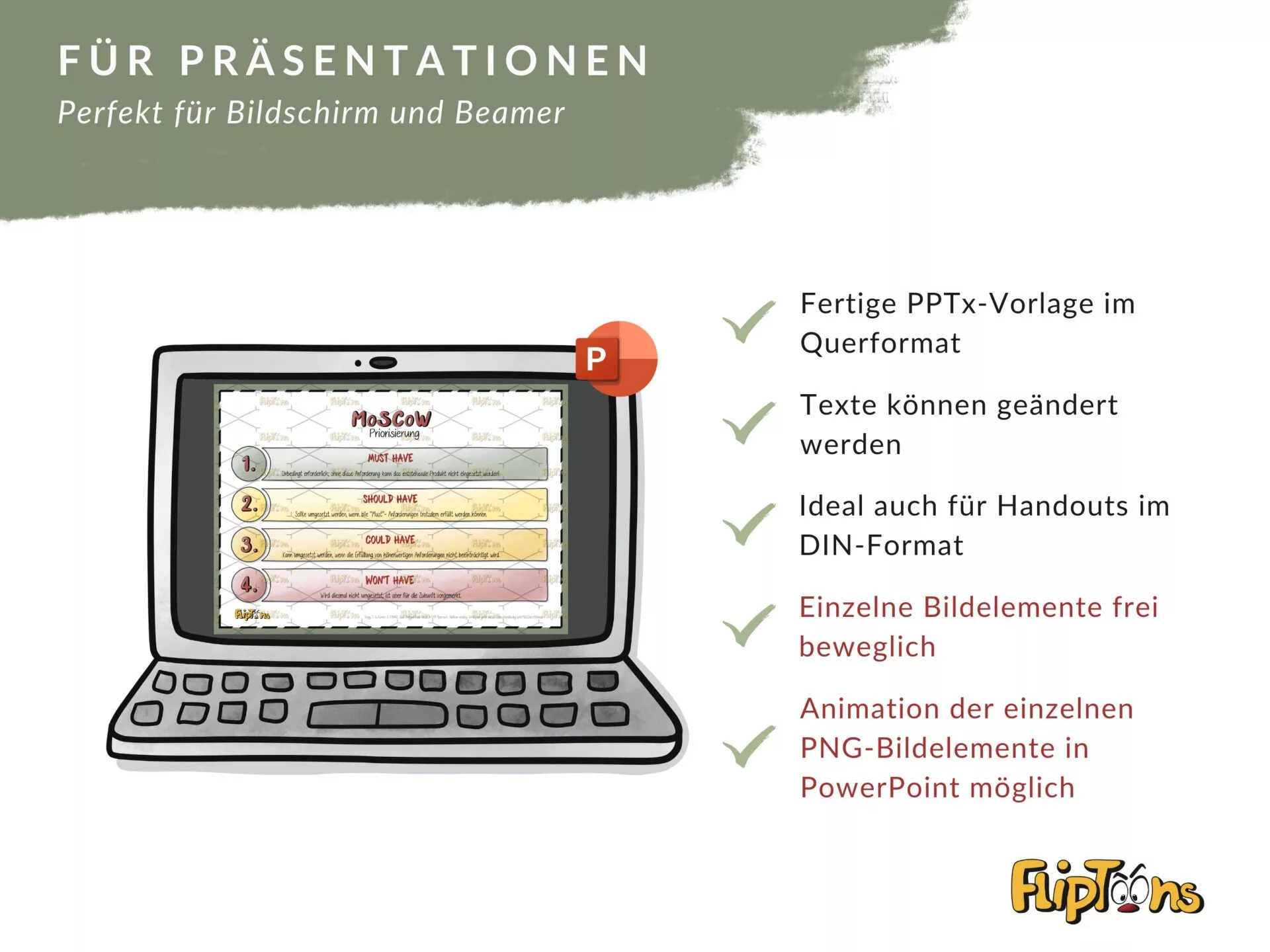Laptop mit PowerPoint-Präsentation über Moskau und Checkliste der Vorlagenfunktionen für Präsentationen.