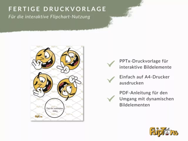 Fertige Druckvorlage mit vier gelben Emoji-Smileys in verschiedenen Posen für interaktive Flipchart-Nutzung