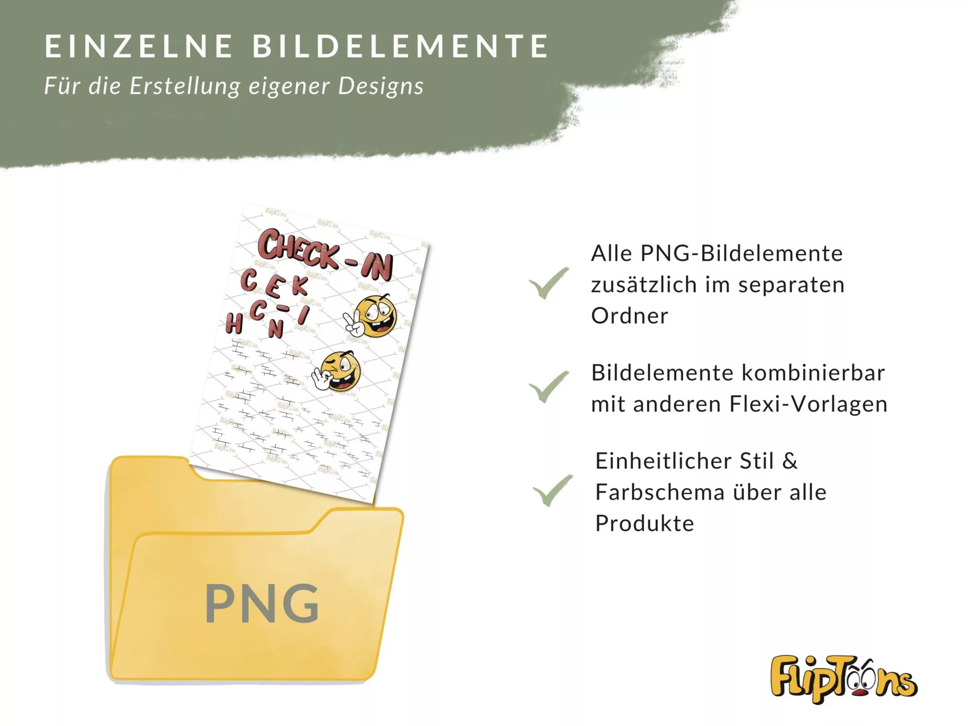 PNG-Ordner mit Check-In-Dokument und Emoji-Aufklebern, zeigt Vorteile von Bildelementen für Design-Erstellung