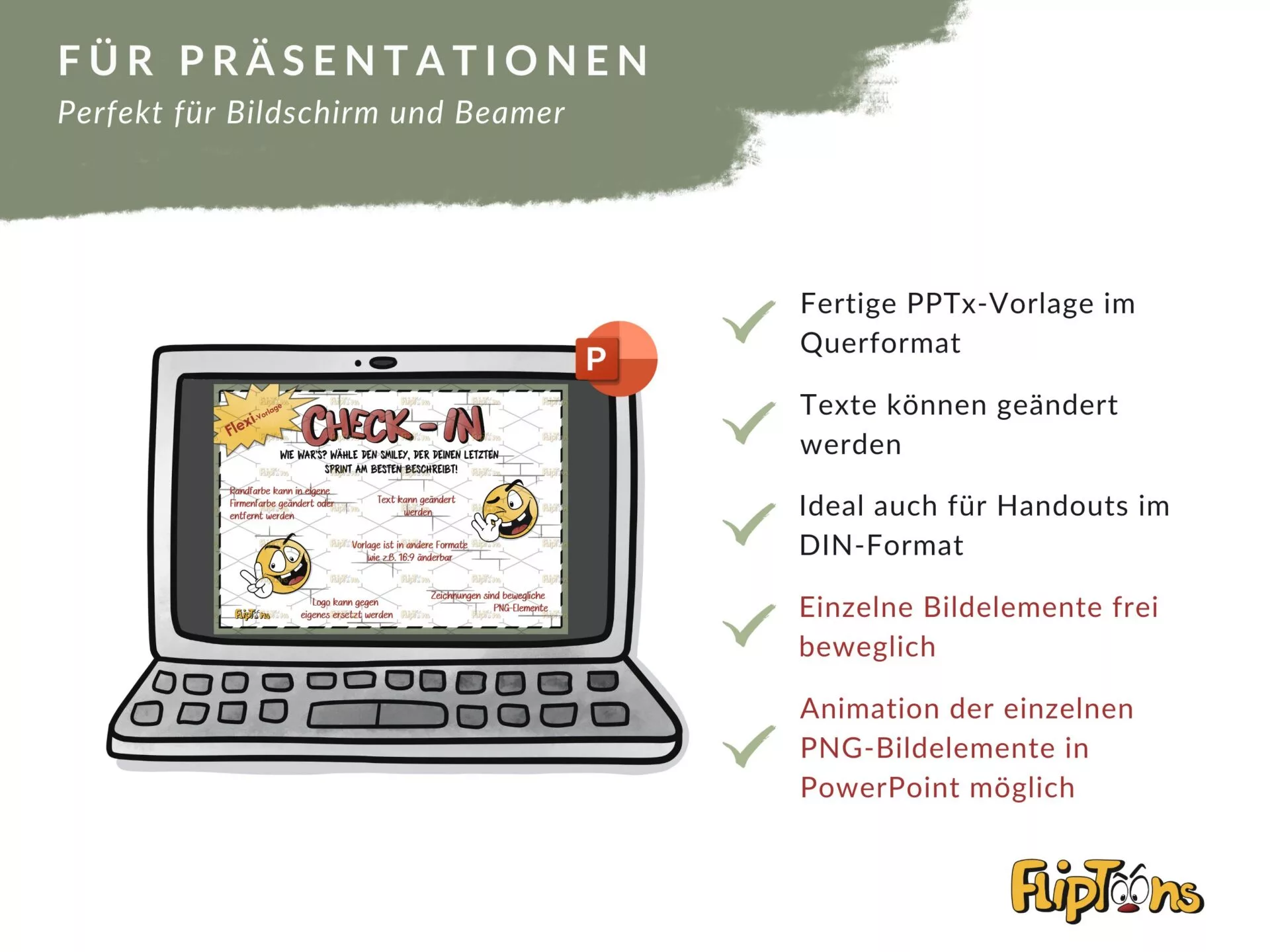 PowerPoint-Vorlage mit Laptop-Darstellung und Funktionen für Präsentationen wie Textänderung und Animationen