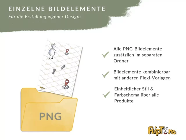 Gelber PNG-Ordner mit Bildelementen und Haken-Listen zu Design-Vorlagen, zeigt Flexibilität und einheitlichen Stil