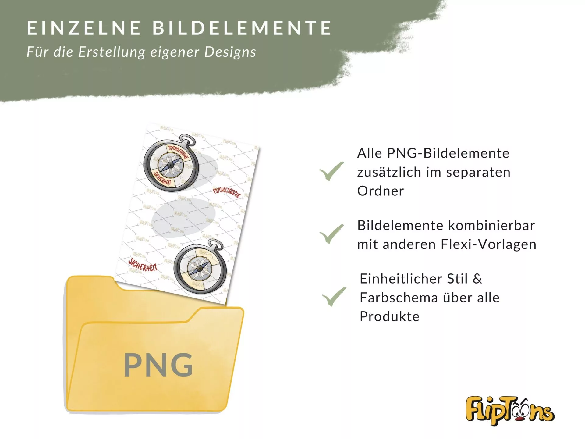 Einzelne PNG-Bildelemente für Design-Erstellung: Kompass-Grafiken in gelber Ordner mit Hinweisen zu Nutzung und Stil.