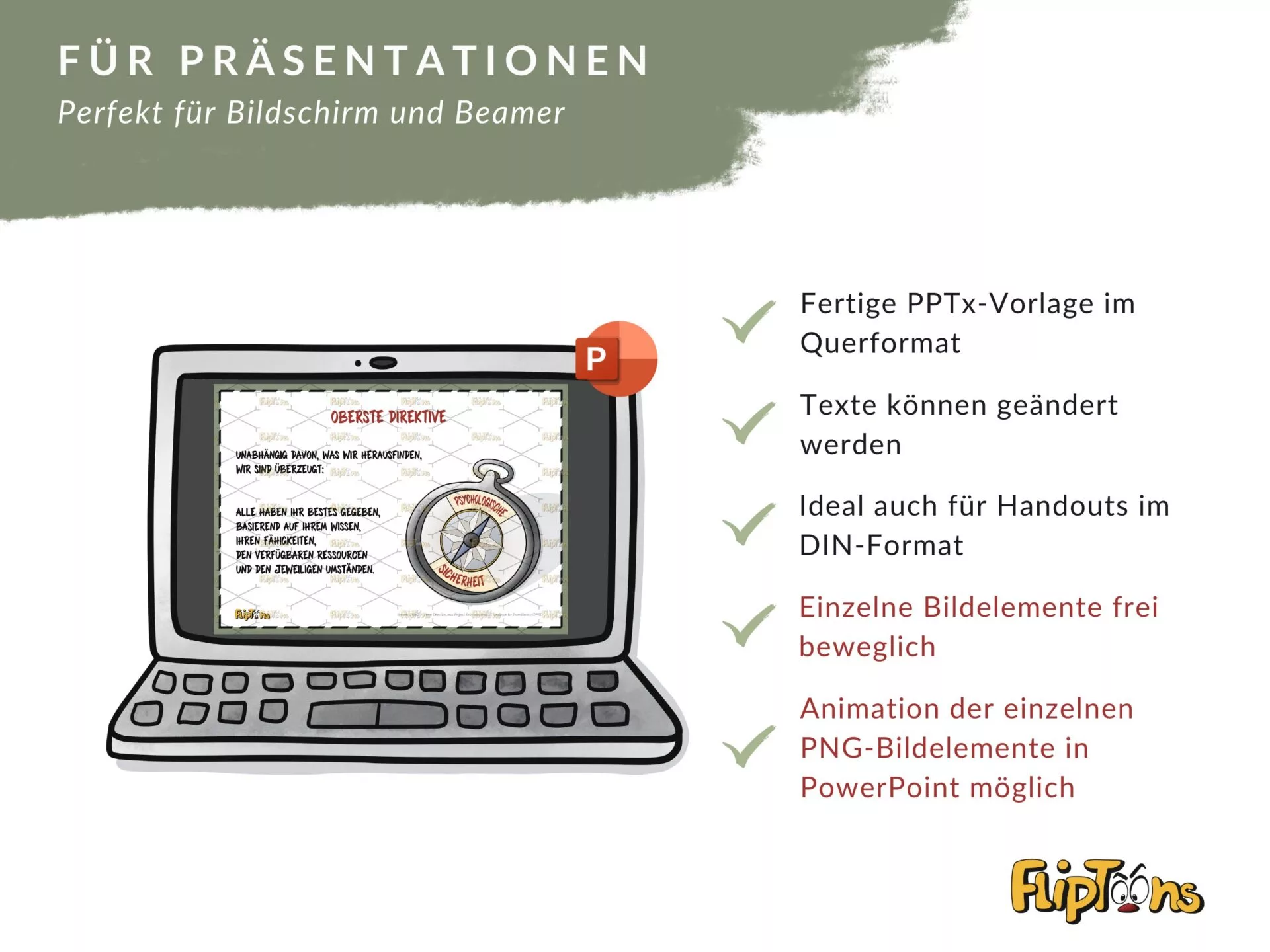 Laptop mit PowerPoint-Präsentation zum Thema "Oberste Direktive" mit Kompass-Grafik und Aufzählung der Präsentationsfeatures.