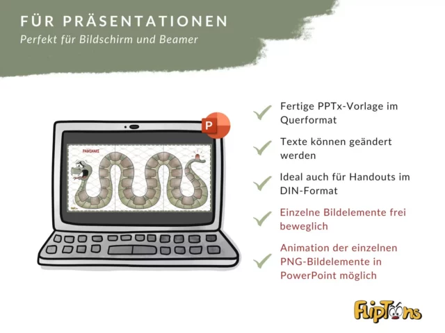 PowerPoint-Vorlage für Präsentationen mit einer gezeichneten Schlange, Laptop und Funktionsliste für Präsentationsdesign