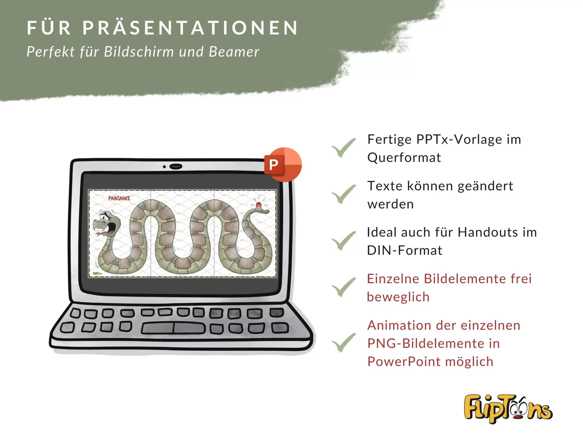 PowerPoint-Vorlage für Präsentationen mit einer gezeichneten Schlange, Laptop und Funktionsliste für Präsentationsdesign