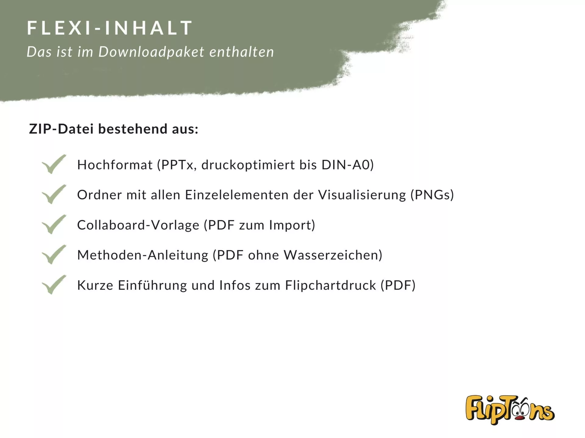 Flexi-Inhalt Download-Paket mit fünf Elementen, darunter PowerPoint, PNG-Dateien, PDF-Vorlagen und Anleitungen im grünen Design