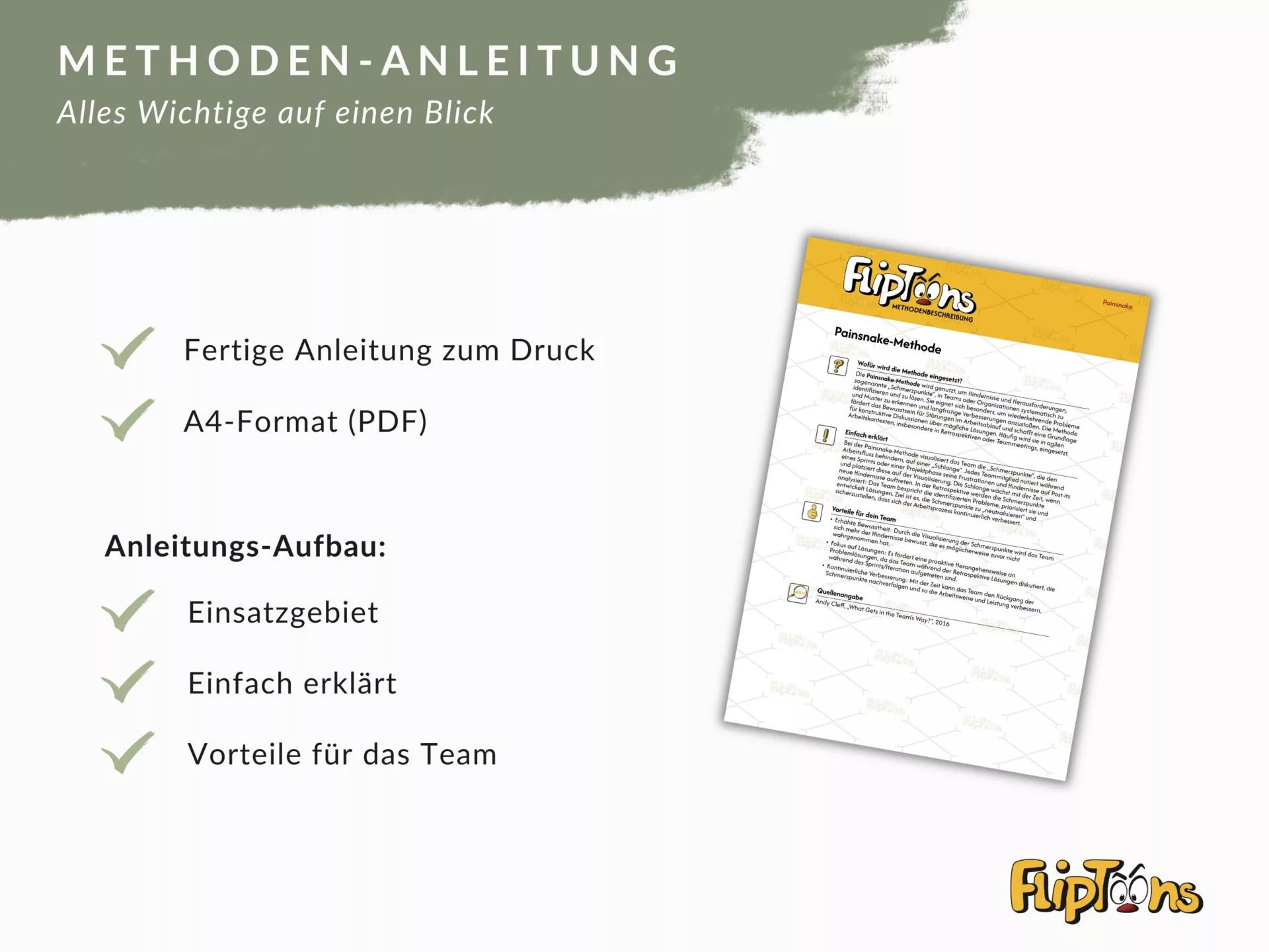 Methoden-Anleitung im A4-Format mit Checkboxen und FlipToons-Logo, zeigt Aufbau einer Projektanleitung