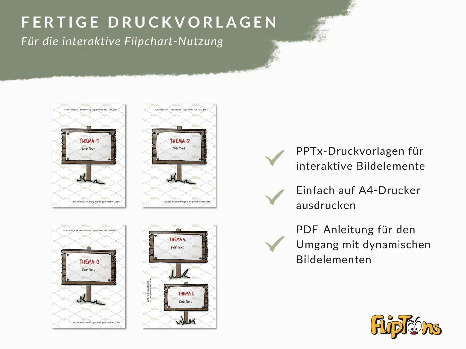 Fertige Druckvorlagen für interaktive Flipchart-Nutzung mit 5 Themen-Templates im A4-Format.