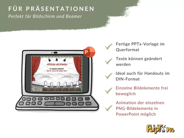 Laptop mit PowerPoint-Präsentation eines Theatersaals und Aufzählungspunkte zu Vorlagenfeatures.