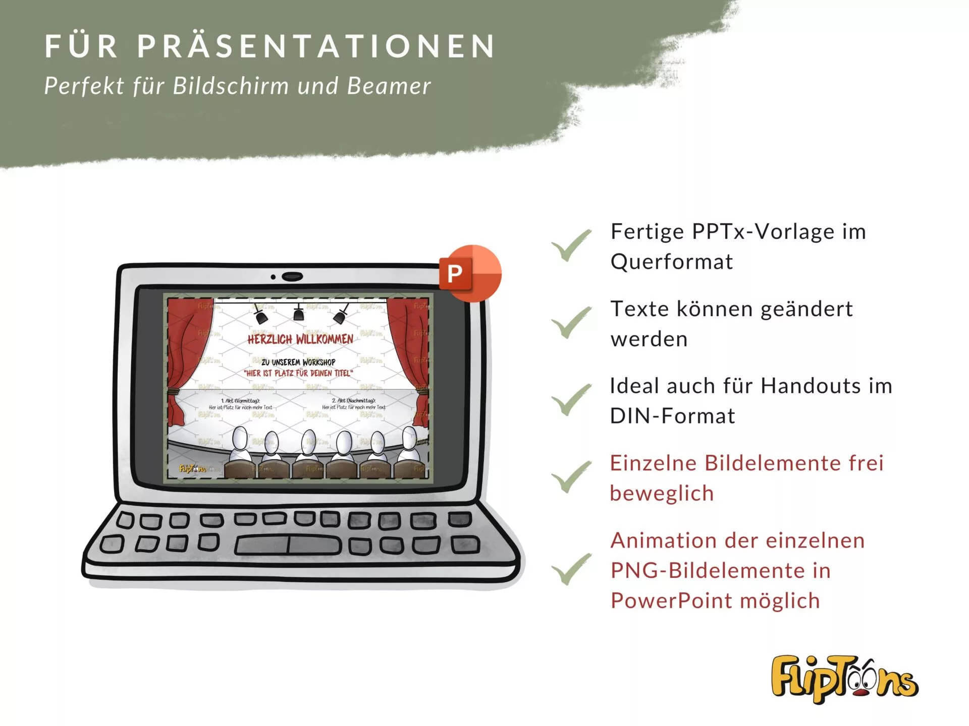 Laptop mit PowerPoint-Präsentation eines Theatersaals und Aufzählungspunkte zu Vorlagenfeatures.