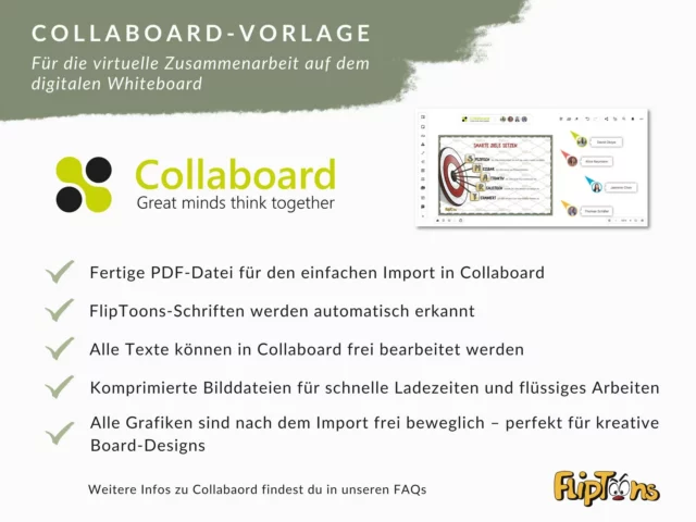 Collaboard-Vorlage für virtuelle Zusammenarbeit: digitales Whiteboard mit Funktionen und Vorschau-Screenshot