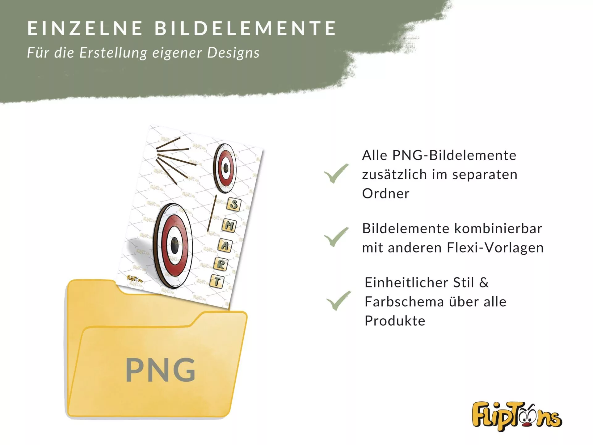 Gelber PNG-Ordner mit Zielscheiben-Grafik, zeigt Vorteile von Bildelementen für Design-Erstellung