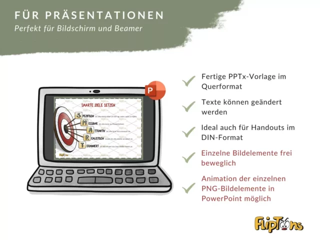 Laptop zeigt PowerPoint-Vorlage mit SMART-Ziele-Diagramm, daneben Funktionen für Präsentationen in Querformat