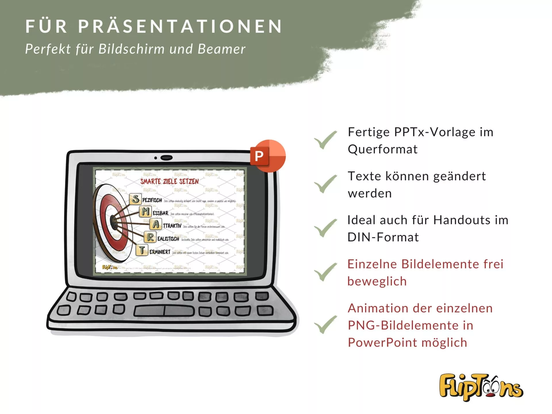Laptop zeigt PowerPoint-Vorlage mit SMART-Ziele-Diagramm, daneben Funktionen für Präsentationen in Querformat