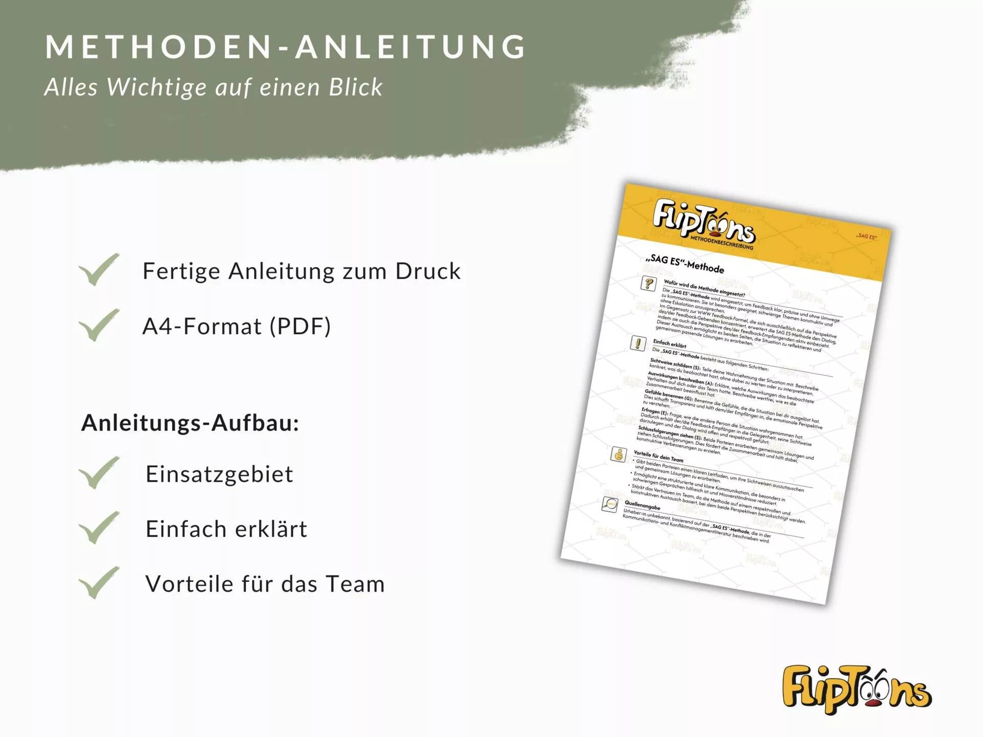 Methoden-Anleitung mit Fliptoons-Logo, zeigt Arbeitsblatt im A4-Format mit Häkchen für fertige, druckbare Anleitung