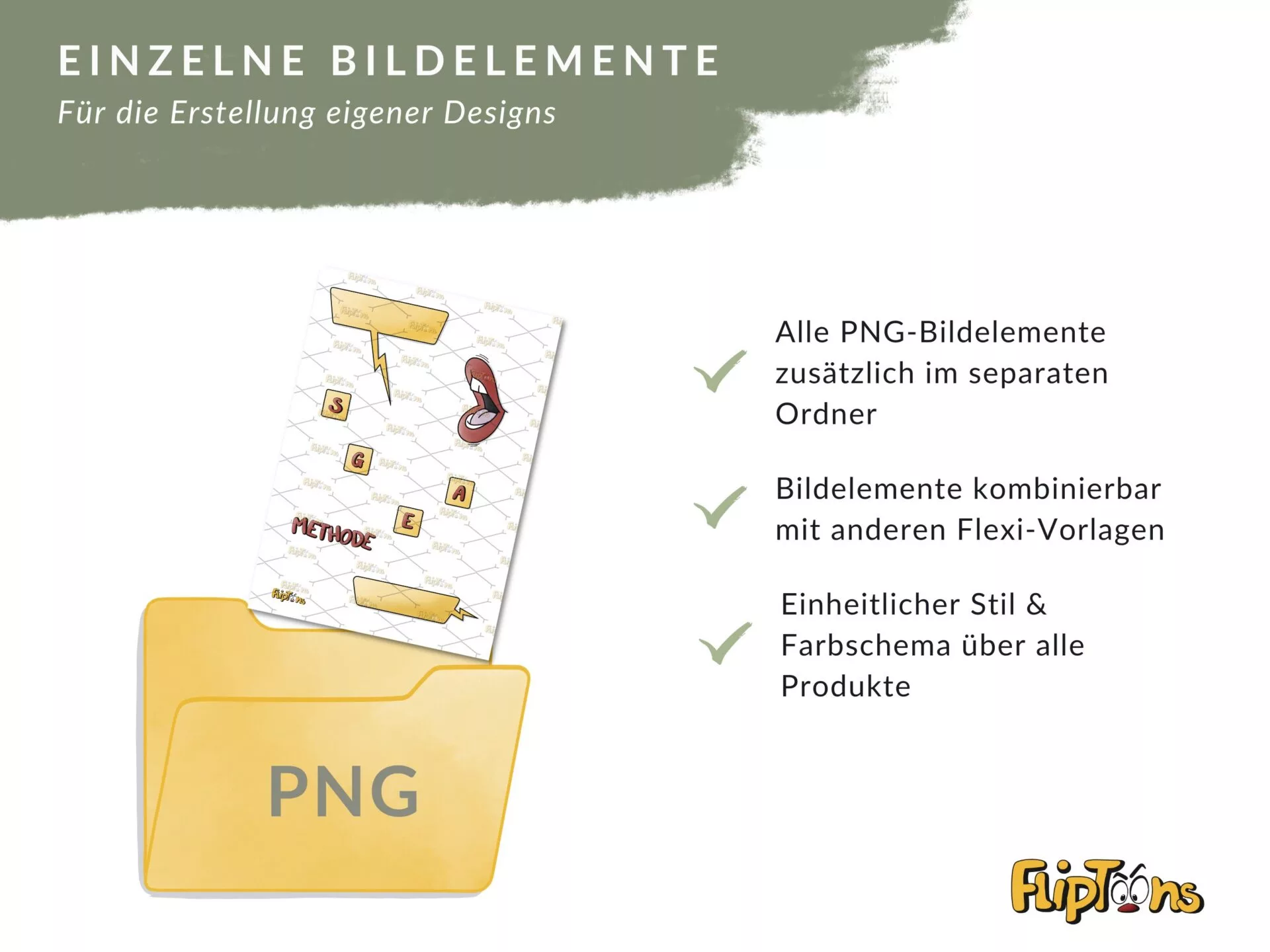 PNG-Ordner mit Bildelementen, Vorschau auf Design-Komponenten und Vorteile wie einheitlicher Stil und Kombinierbarkeit