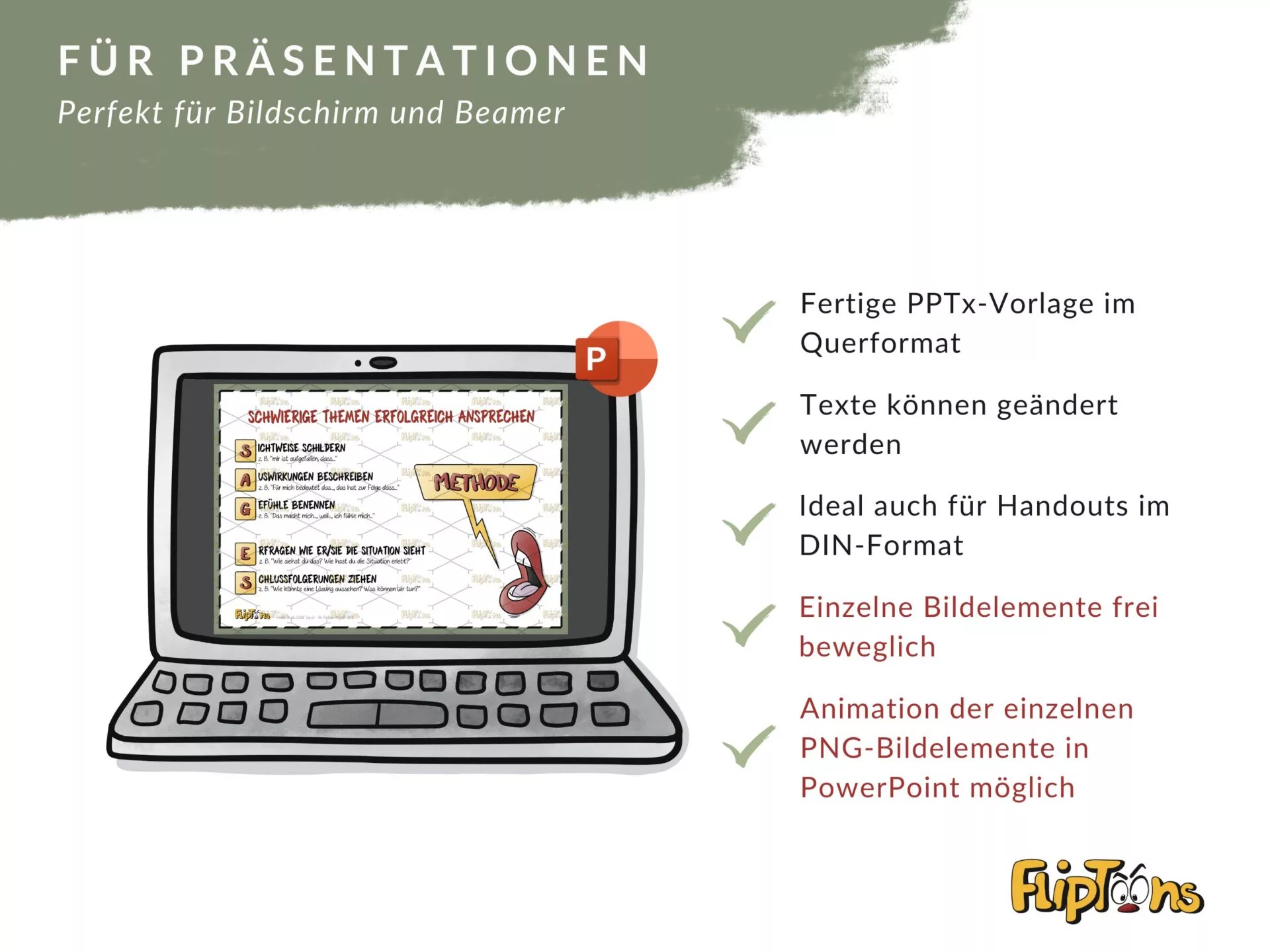 Laptop mit PowerPoint-Präsentation zeigt Vorteile von Präsentationsvorlagen: Querformat, editierbar, animierbar