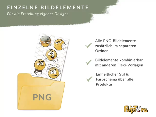 PNG-Ordner mit gelben Emoji-Gesichtern in verschiedenen Ausdrücken, mit Hinweisen zu Bilddesign und Verwendung