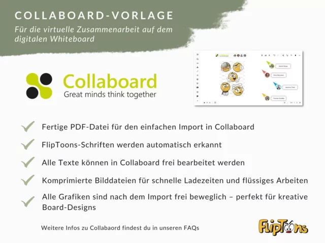 Collaboard-Vorlage für virtuelle Zusammenarbeit: Logo, Funktionen und Vorschau des digitalen Whiteboards mit Emojis und Benutzer-Avataren