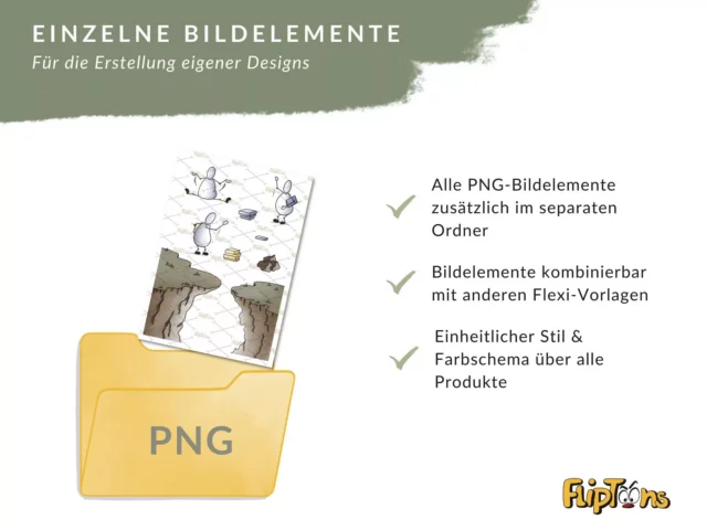 Einzelne PNG-Bildelemente für eigene Designs: Alle PNG-Bilder zusätzlich im separaten Ordner, kombinierbar mit anderen Flexi-Vorlagen, einheitlicher Stil und Farbschema.