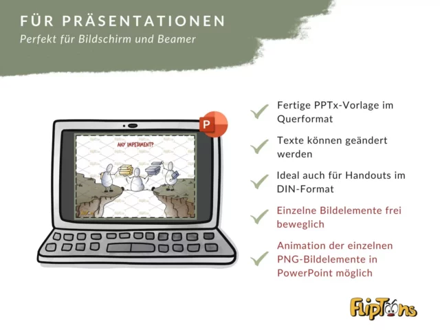 Laptop mit PowerPoint-Präsentation und Checkliste der Vorlagenfunktionen für Bildschirm und Beamer.