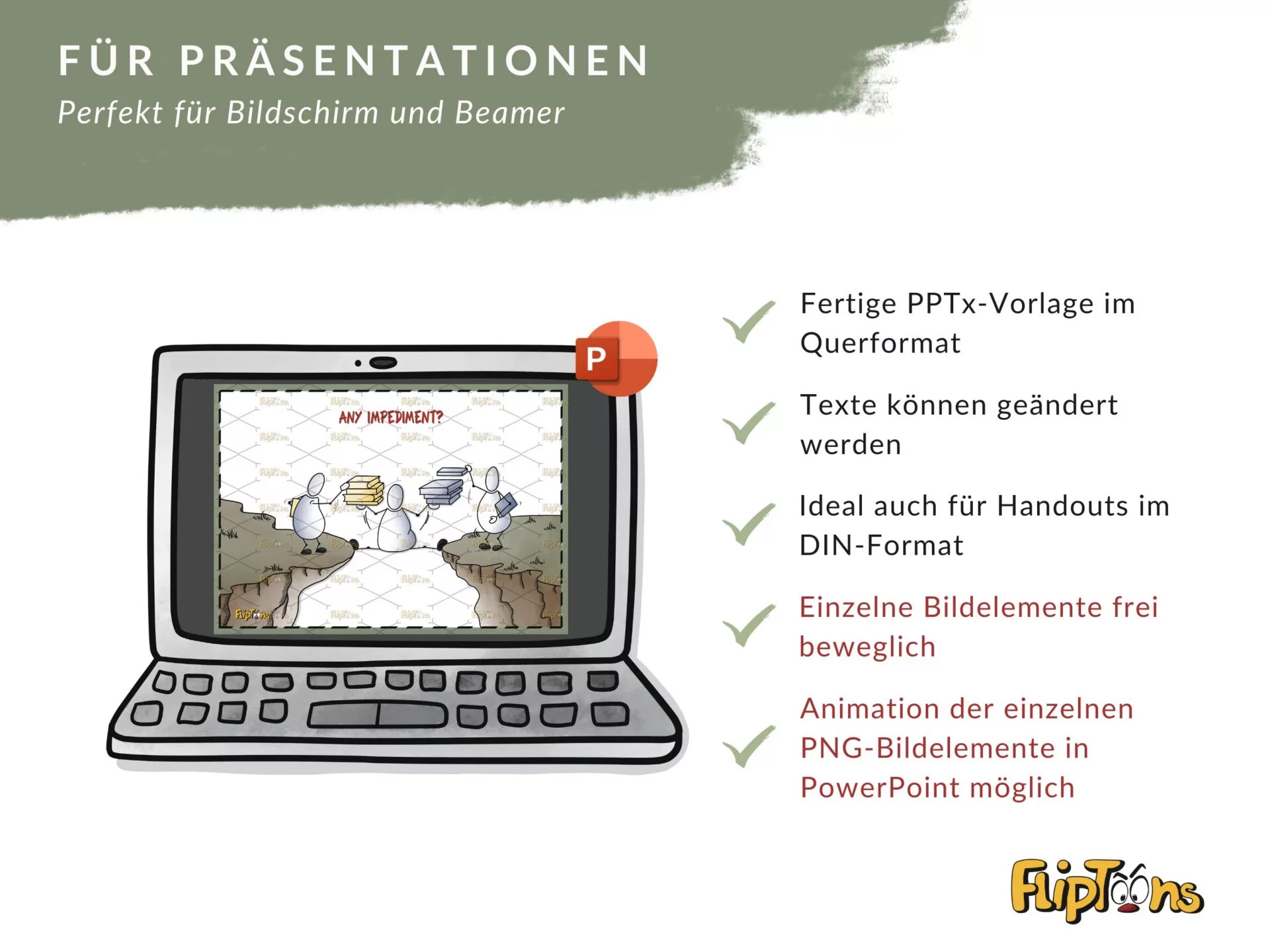 Laptop mit PowerPoint-Präsentation und Checkliste der Vorlagenfunktionen für Bildschirm und Beamer.